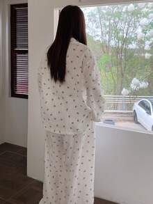 Dazy Plus Heart Print Loose Long Sleeve Top And Long Pants Pajama Set, Plus Size Women Spring/Autumn Sleepwear - White - View 2