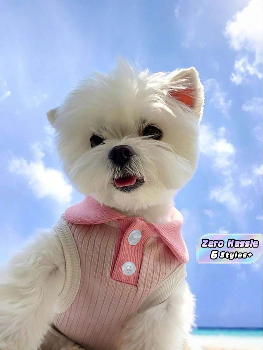 马卡龙撞色领休闲T恤,适合小型犬宠物狗 - 粉色 - 查看 1