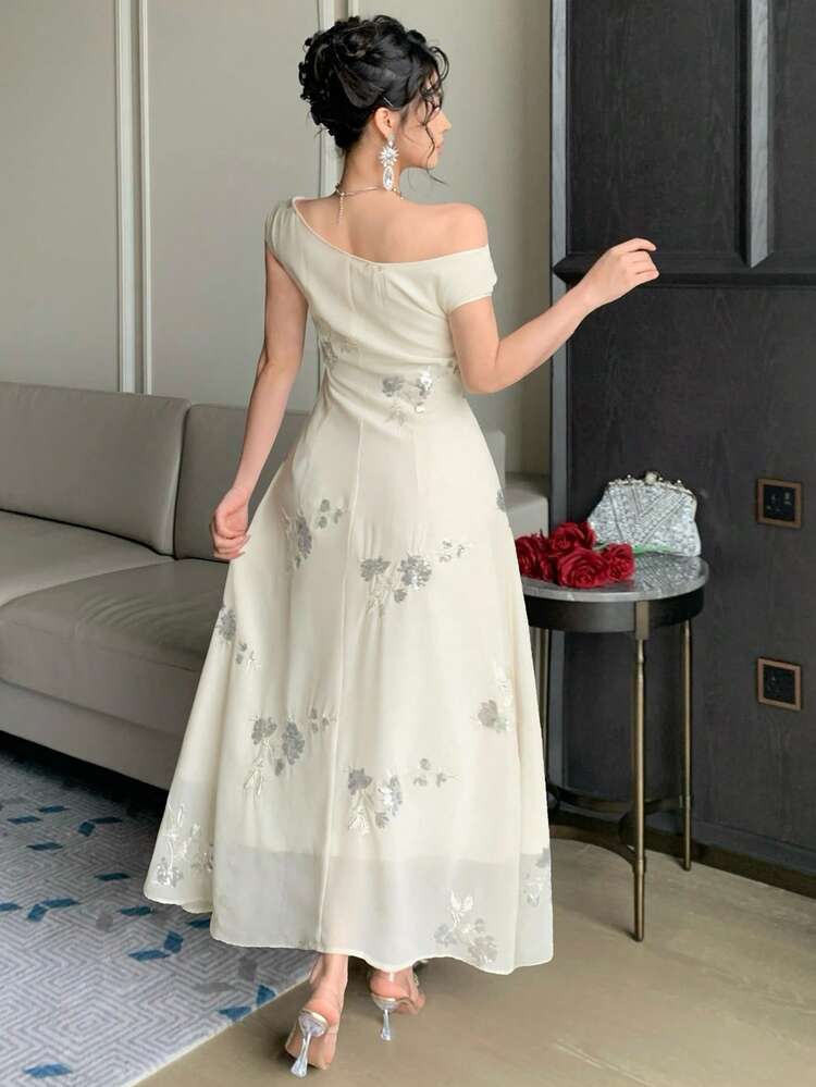 Women's Asymmetric Neckline Sequin Patchwork Elegant Dress