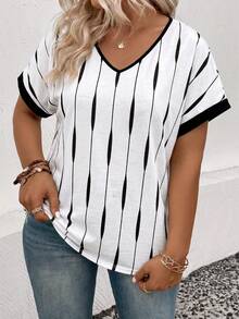 EMERY ROSE Women's Spring/Summer New Arrival Vertical Striped Print V-Neck Short Sleeve Plus Size T-Shirt - Multicolor - View 6