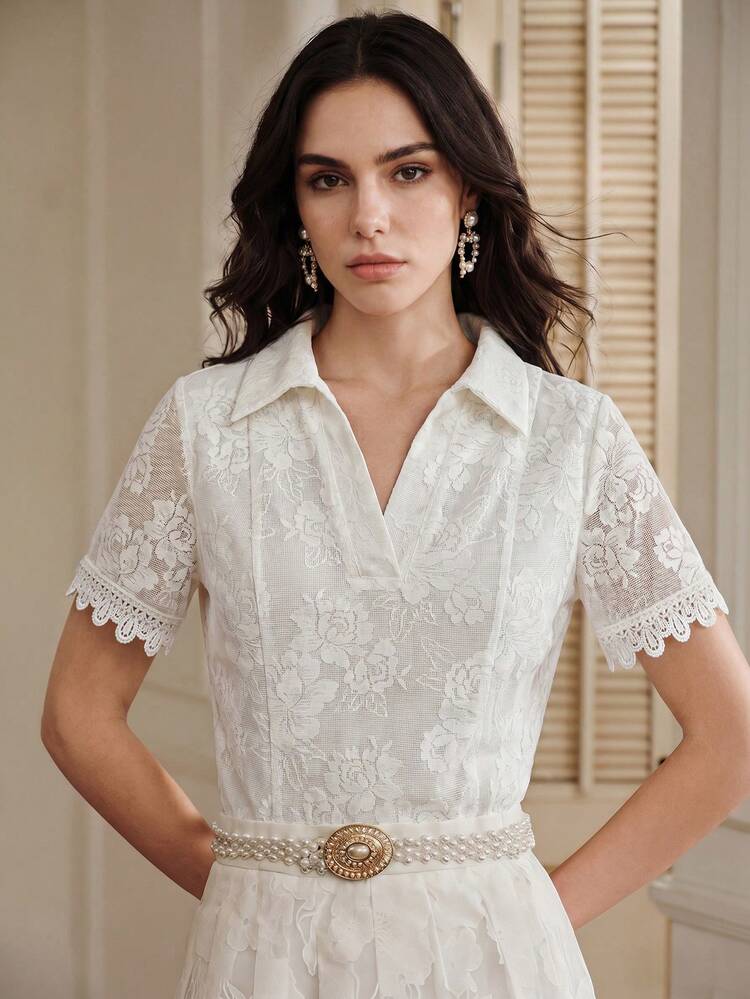 Women's Elegant White Lace Short Sleeve Blouse, White Shirt, Women's Graceful V-Neck Polo Collar, Suitable For Elegant Commuting, Office, Vacation, Graceful Dates, Women's Vacation Wear, Women's Outdoor Outfit
