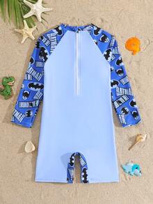 BATMAN X SHEIN GraphicGems 男童字母卡通印花圆领长袖连体泳衣，适合游泳、海滩度假 - 藍色 - 查看 2