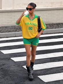Muchica Brazil Flag Contrast Trim Low Waist Knit Shorts - Green - View 5