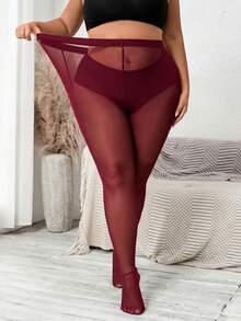 SHEIN PETITE CURVE 女士加大码，情人节，情人节长筒袜，黑色加大码紧身裤，防滑过膝长筒袜，黑色网眼拼接打底裤，休闲日常穿着，简约时尚 - 酒紅色 - 查看 5