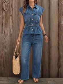 EMERY ROSE EMERY ROSE Conjunto Casual de Denim Feminino com Top de Manga Curta com Botões na Frente e Calça Longa com Bolso Diagonal - Azul - Visão 4