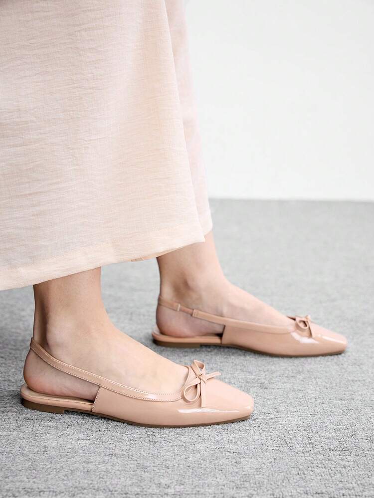 CUCCOO BIZCHIC Women Shoes Small Square Toe Flat Bottom Apricot Mirror Bow Women's Low Vamp Flat Bottom Shoes Light, Comfortable And Simple Commuting Daily Versatile Women's Flat Shoes