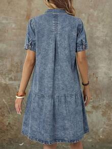 EMERY ROSE Mature Denim 女士休闲日常水洗牛仔翻领短袖连衣裙，夏季 - 藍色 - 查看 3