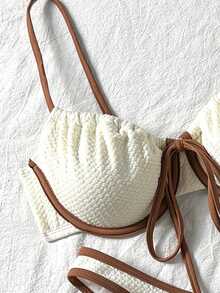 4pcs Brown & Beige Textured Fabric Underwire Swimwear Set - Multicolor - View 3