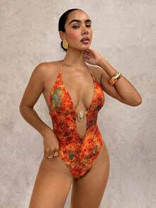 Swim Glamine 女士性感露背吊带芙蓉花印花连体泳衣，波西米亚海滩风 - 彩色 - 查看 6