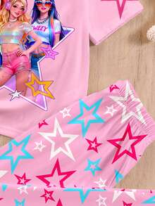 Niña adolescente Casual Chica de dibujos animados, Crema colorida rosa, Superestrella K-Pop, Estampado de grupo de chicas de dibujos animados, Camiseta de manga corta de cuello redondo holgada y pantalones para uso en casa, Adecuado para primavera y verano - Multicolor - Ver 5