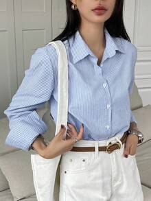 DAZY Women's Striped Long Sleeve Single-Breasted Casual/Work Shirt Petite - Blue - View 4