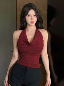 Short, Fitted, Strappy, Backless Top In Brown, Suitable For Summer And Spring In Y2K Style - Red - View 9