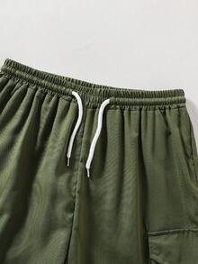 两件套青少年男童休闲印花T恤和宽松工装短裤套装 - 軍綠色 - 查看 5