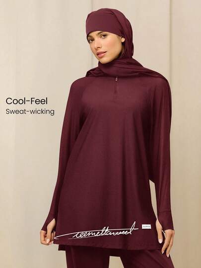 GLOWMODE X Reem Modest 1PC Cool Flow Cooling Quick-Dry Sun Protection Thumbholes Split Side Hem Quarter-Zip Oversized Pullover Sweatshirt Training Running Workout Gym Studio Daily Active Wear