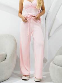 Bela Noronha Women's Casual Versatile Solid Color Ribbed Wide Leg Pants,Fall Comfy Pants Lounge Pants Pink Sweatpants - Pink - View 5