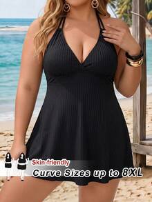 SHEIN CURVE+ Conjunto de tankini de talla grande 2026 con textura acanalada negra de cuello en V, adecuado para vacaciones en la playa, primavera/verano - Negro - Ver 1
