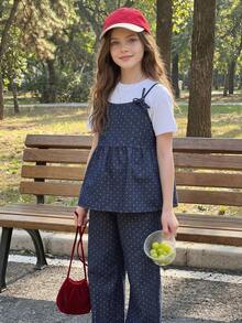 DAZY Girls' Polka Dot Print Denim Camisole Top And Wide Leg Jeans 2-Piece Set, Fall Outfit Summer - Blue - View 4