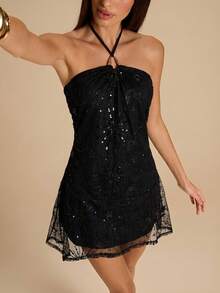 SHEIN BAE Women's Black Floral Sequin V-Neck Asymmetric Hem Summer 70s Party Mini Dress,Sleeveless Halter Backless Firework Star Cocktail Wedding Guest - Black - View 3
