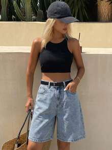 DAZY Women's Comfortable Casual Loose Fit Denim Bermuda Shorts, Summer - Blue - View 5