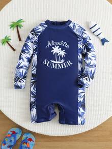 SHEIN Traje de baño de protección solar con estampado de palmeras de manga larga, estilo de vacaciones de moda, en patchwork y contraste de colores, adecuado para playa, natación y surf, para niños pequeños y niños - Azul Marino - Ver 4