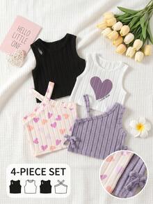 SHEIN Playful Pals 4件套女婴彩色多巴胺印花纯色吊带背心，夏季 - 彩色 - 查看 1