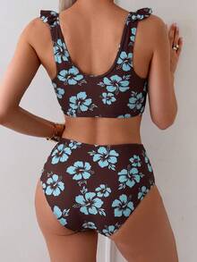 Swim Mod 2 piezas Conjunto de top con volantes de tirantes y Bottom triangular fruncida de cintura alta de unicolor para mujer, elegante para vacaciones y playa - Multicolor - Ver 5