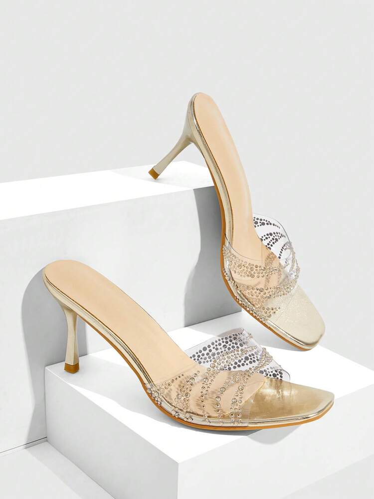 CUCCOO SZL Women's Square Toe Mid-Heel Fashionable Transparent Rubber Rhinestone Shiny High Heels, Comfortable And Simple Stiletto Shoes, Summer Dinner Style High-Heeled Sandals