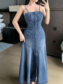 DAZY Đầm hai dây denim bạc màu, phong cách thường ngày dành cho nữ, thích hợp cho mùa xuân và mùa hè. - Màu xanh lam - Xem 3