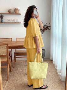 Enliva Plus-Size Women's Ruffled Puff Sleeve Two Pieces Set, V-Neck Cardigan Top And Stretch Waist Trousers Set, For Apple And Rounded Body Shape - Yellow - View 2