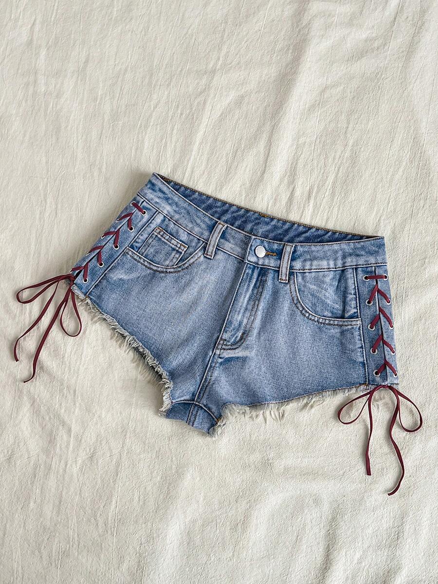 SHEIN EZwear Quần short denim nữ có lỗ xỏ dây bên hông, viền rách. - Rửa nhẹ - Xem 1