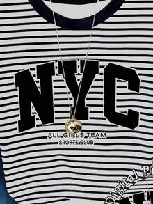 青少年/年轻女性休闲时尚复古经典黑白条纹“NYC”字母印花短款短袖T恤，百搭黑白条纹，夏季新款美式复古印花修身上衣 - 彩色 - 查看 5