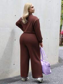 CHERRY TINTT SELECTION Plus Size Casual Solid Color Sweatshirt And Sweatpants Set Elegant - Brown - View 2