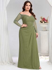 Coutiva Plus Size Beaded Off-Shoulder Formal Evening Gown - Olive Green - View 7