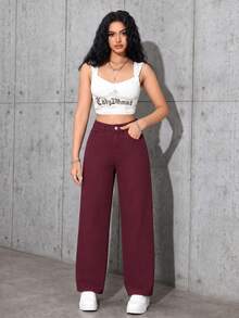 SHEIN ICON 休闲纯色直筒牛仔裤 - 酒紅色 - 查看 4