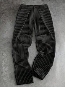 HIMLAND Men's Striped Pleated Casual/Business Suit Pants - Black - View 1