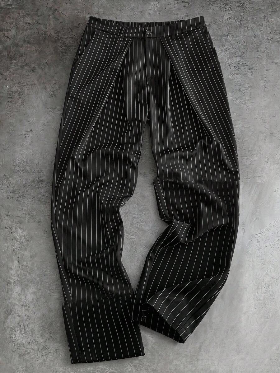 HIMLAND Men's Striped Pleated Casual/Business Suit Pants - Black - View 1