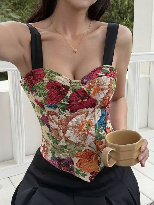 DAZY Áo hai dây in họa tiết dành cho nữ, áo tank top ôm sát, gợi cảm, hở lưng, buộc dây, kiểu dáng thường ngày.