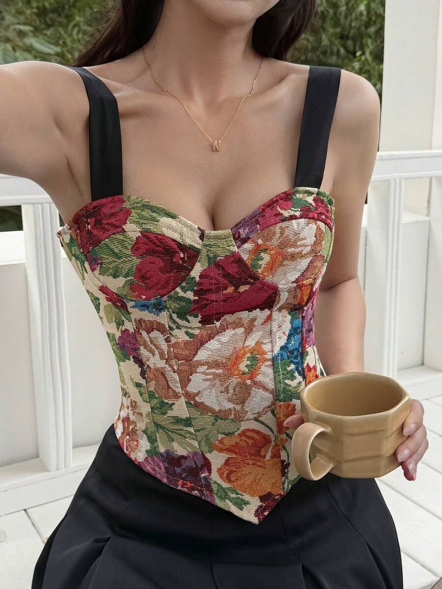 DAZY Áo hai dây in họa tiết dành cho nữ, áo tank top ôm sát, gợi cảm, hở lưng, buộc dây, kiểu dáng thường ngày. - Nhiều màu - Xem 1