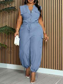 Slaydiva Bộ jumpsuit nữ cỡ lớn màu vàng trơn, không tay, cổ tàu, dáng suông, có dây rút ở eo, có túi và gấu quần điều chỉnh được, kiểu dáng thanh lịch, phù hợp cho công sở và thường ngày, thích hợp cho mùa xuân/hè. - Màu xanh lam - Xem 6