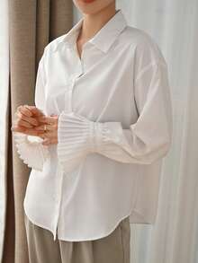 DAZY Camisa con puños plisados y hombros caídos, blusas de manga larga, ropa de otoño con estilo preppy - Blanco - Ver 5