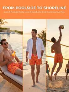 Manfinity Swimmode Men's Casual Vacation Printed Drawstring Beach Shorts, Holiday - Orange - View 6