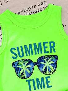 SHEIN Playful Pals 2pcs/Set Unisex Infant/Toddler Baby Boy/Girl Sunglasses & Letter Print Tank Top, Palm Tree Print Shorts Set, Summer Outfit - White - View 5
