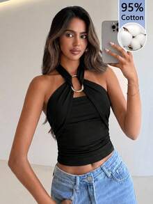 Aloruh Women's Elegant Metal Buckle Decor Cinched Waist Ruched Tie Neck Camisole - Black - View 6