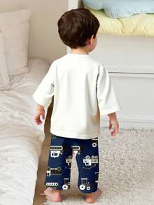 Baby Boy Cartoon Excavator Pattern Casual Homewear Set, Loose Fit Suitable For Summer - Multicolor - View 2