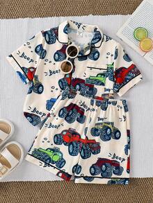 SHEIN Set de pijama de 2 piezas con parte superior de manga corta y cuello redondo y pantalones de punto con estampado cómodo y casual para niños - Multicolor - Ver 2