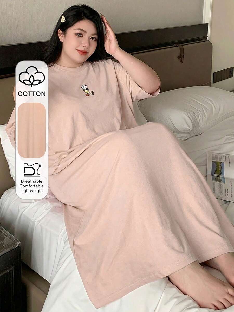 Dazy Plus Plus Size Cartoon Pattern Loose Long T-Shirt Style Nightgown, All Season Summer - Pink - View 1