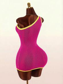 Bumpella Autumn Letter Print Contrast Color Asymmetrical Shoulder Sheer Mini Dress For Women Club Night Pink Yellow Sexy - Pink - View 2