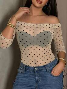 Dazy Plus Plus Size Polka Dot Flocked Mesh Off-Shoulder Sheer T-Shirt - Beige - View 5