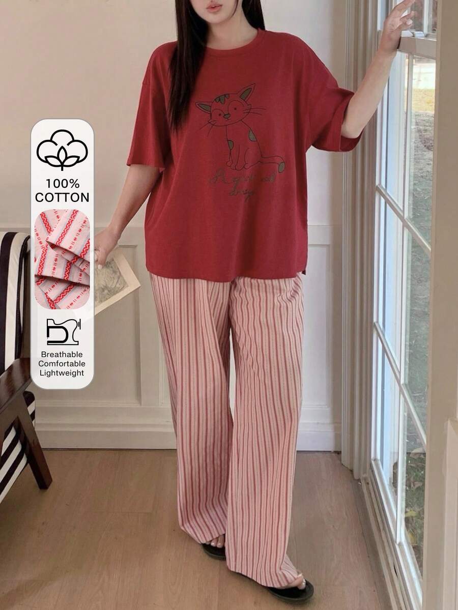 Dazy Plus 大码女士舒适短袖睡衣套装 夏季 - 紅色 - 查看 1