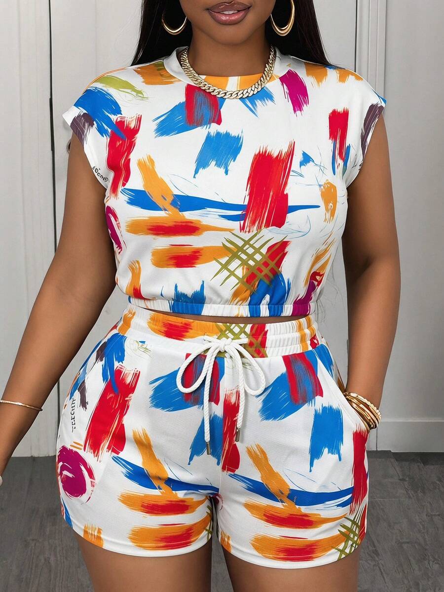 Slaydiva Plus Size Summer Casual All-Over Print Top And Shorts 2 Pieces Set Formal Vacation White